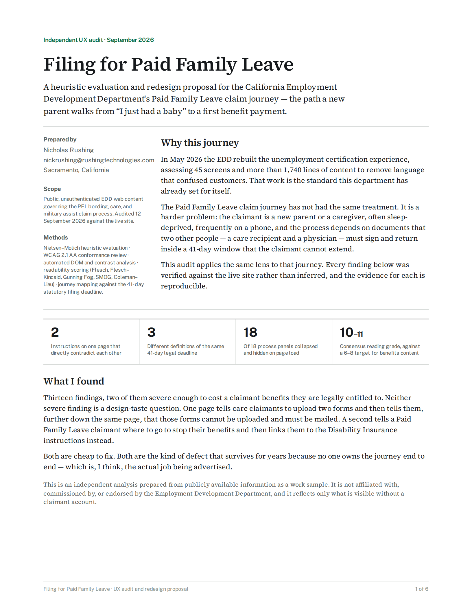Cover page of the Filing for Paid Family Leave UX audit, showing the title, scope, methods, and headline metrics
