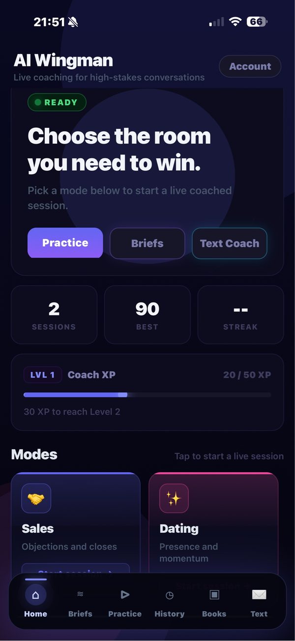 AI Wingman app screenshot — live conversation coaching home screen