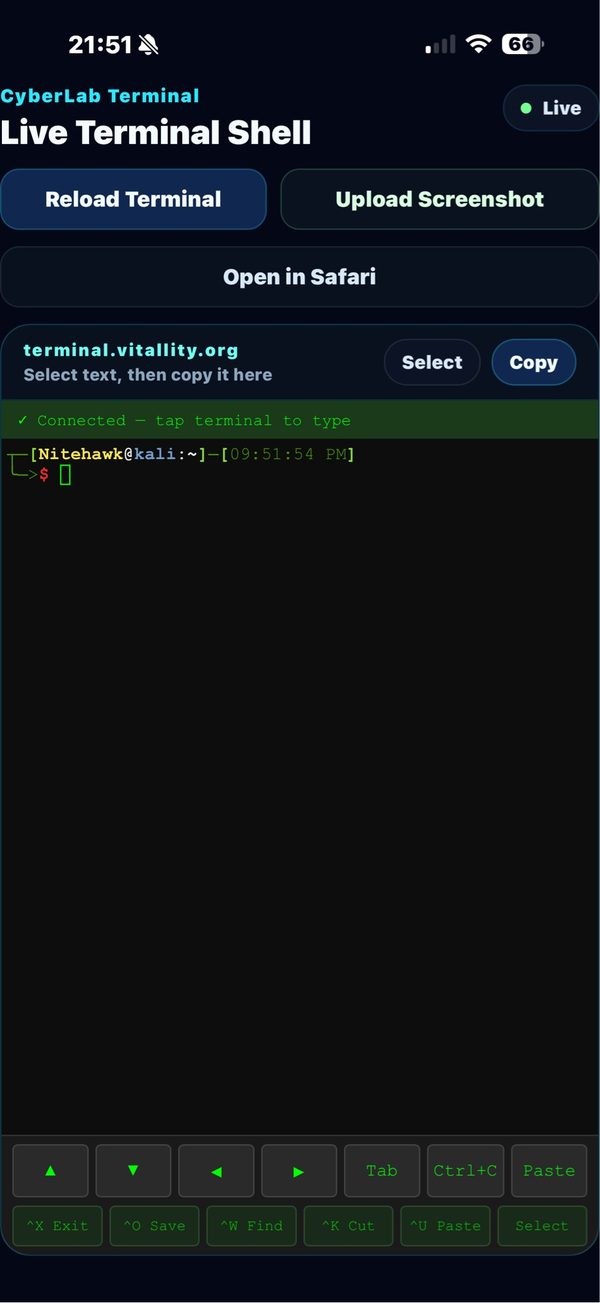 CyberLab Mobile app screenshot — live terminal shell