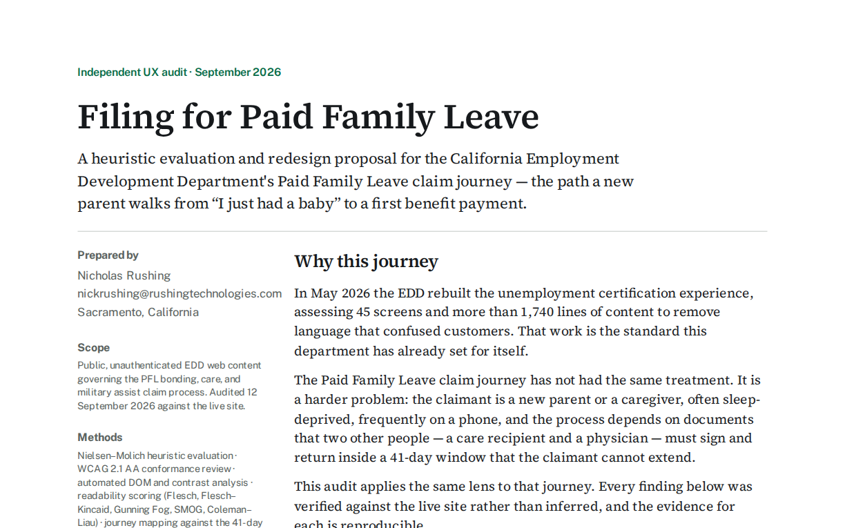 Cover page of the Filing for Paid Family Leave UX audit