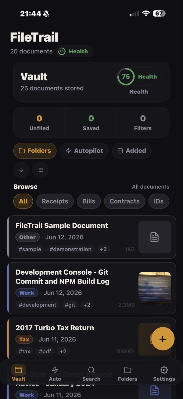 FileTrail app screenshot — document vault