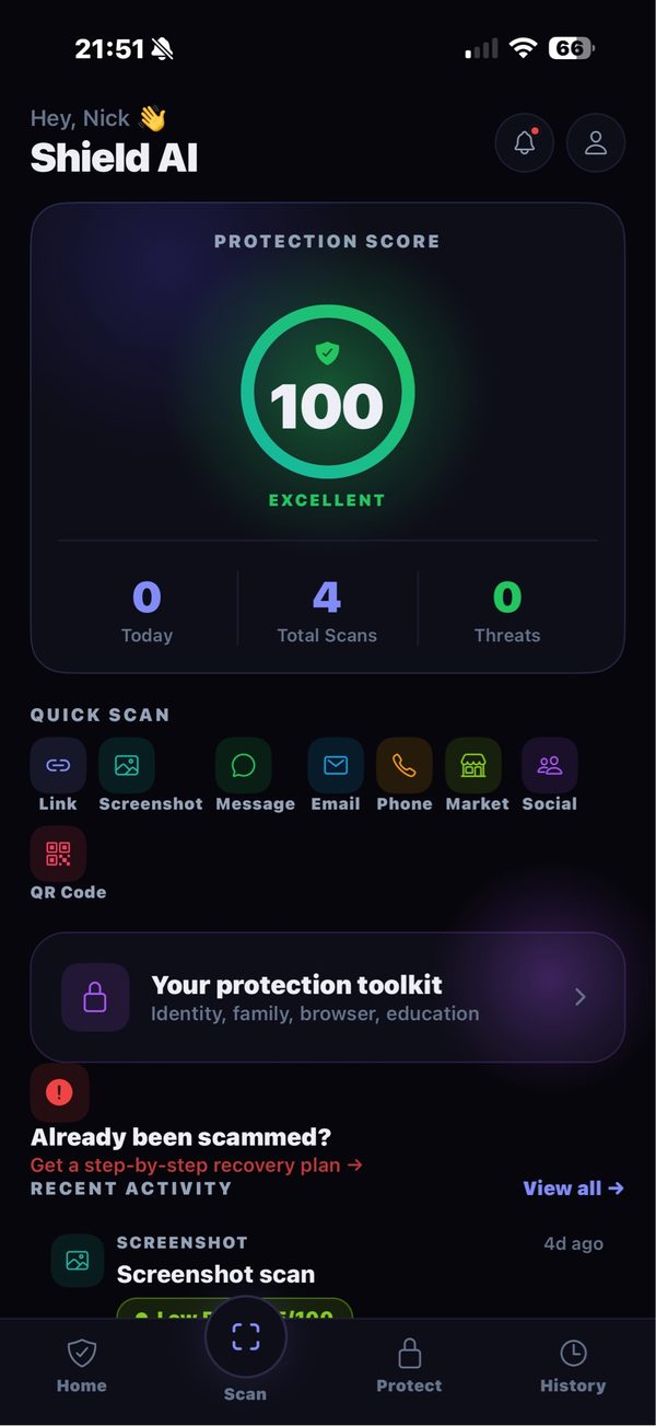 Shield AI app screenshot — scam protection score dashboard