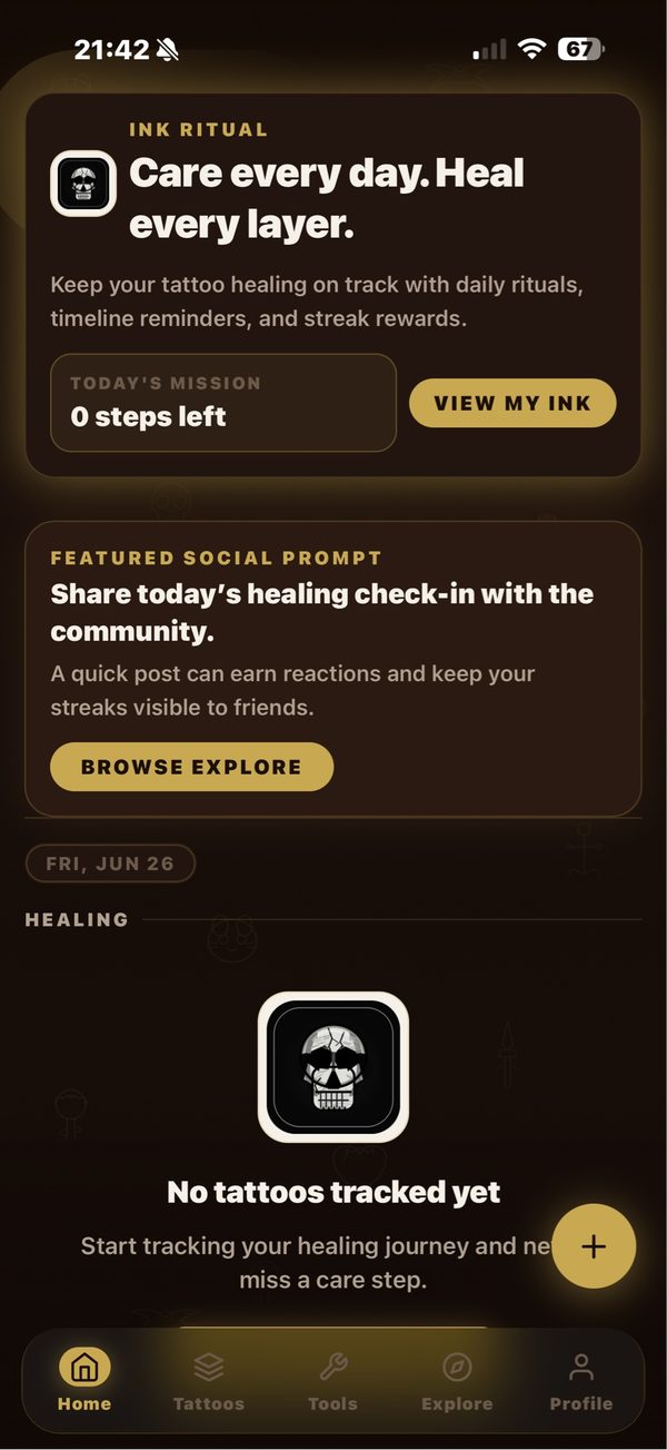 Tattoo Aftercare app screenshot — healing tracker home screen