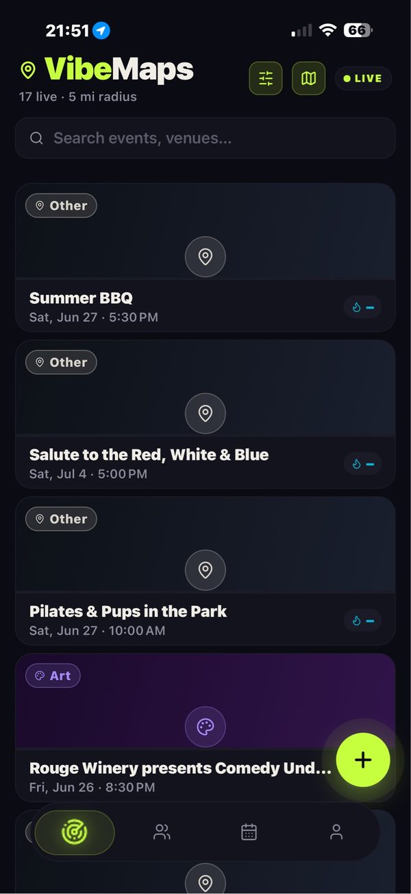 VibeMaps app screenshot — live event discovery map