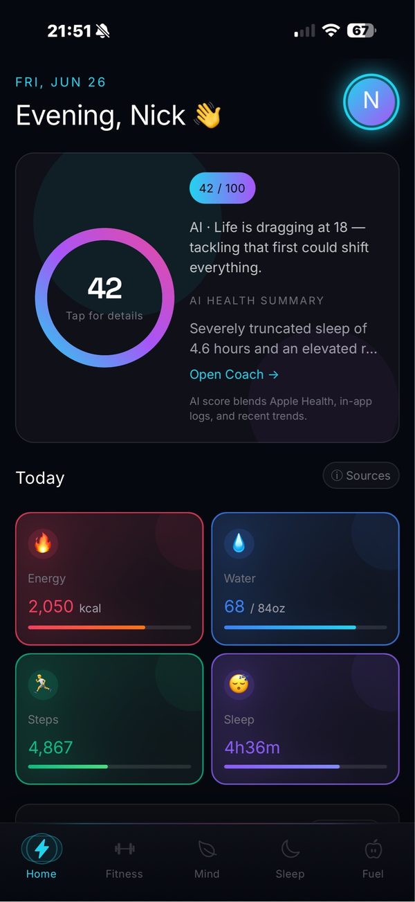 Vitality app screenshot — daily wellness score dashboard